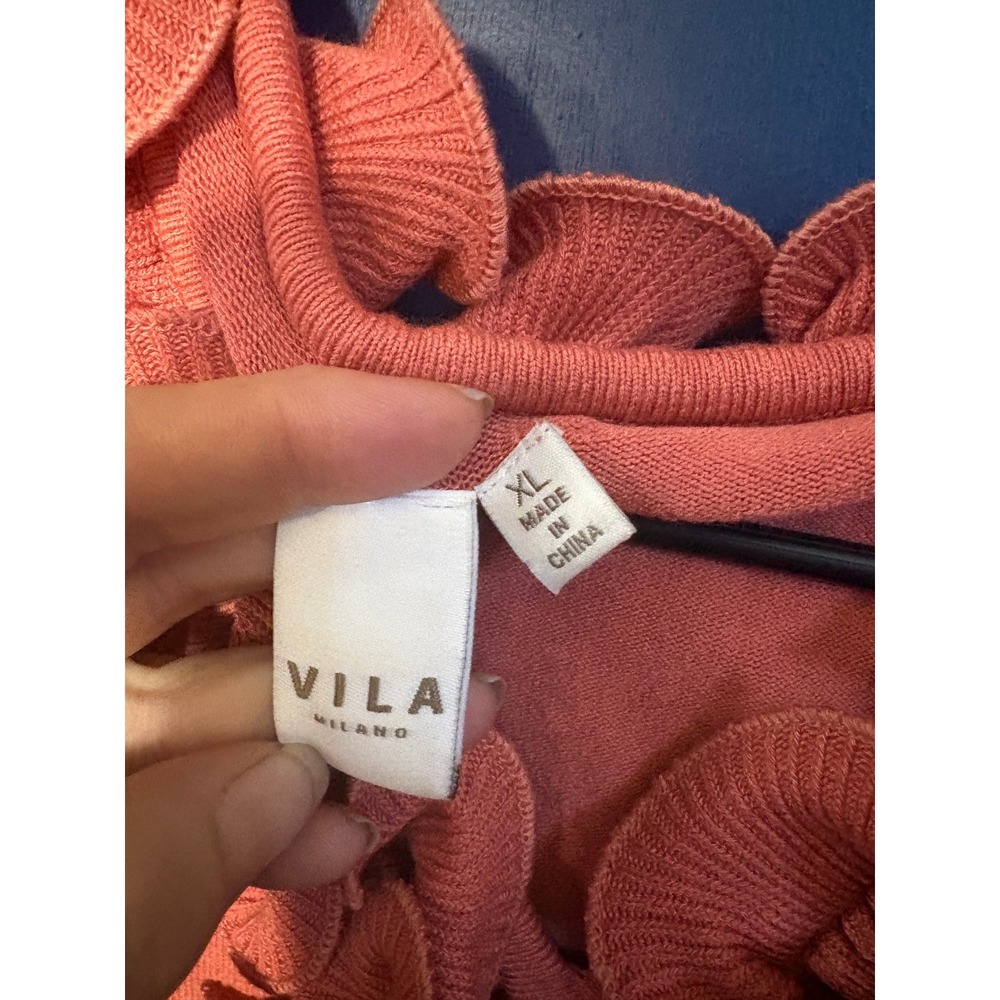 Vila Milano Women XL Coral Orange Ruffle V-Neck Sleeveless Knit Top Sweater - Picture 4 of 6